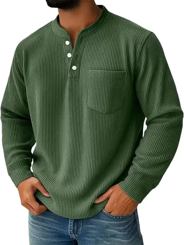 Vista 10 de Sudadera Henley para hombre, cuello en V a rayas, ajuste holgado, suéter de manga larga con bolsillos