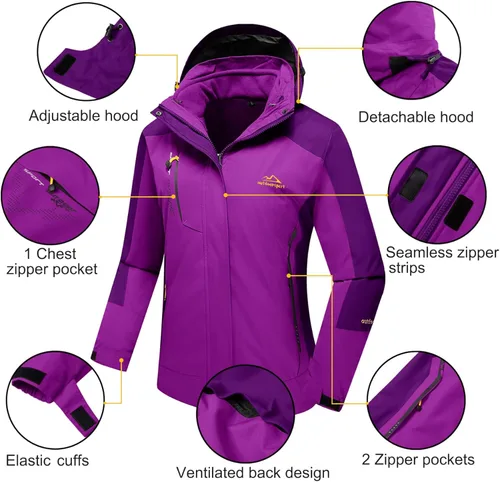 Vista 6 de MAGCOMSEN - Chamarra de esquí 3 en 1 para mujer, con forro interior de vellón, chamarra tipo parca resistente al viento e impermeable