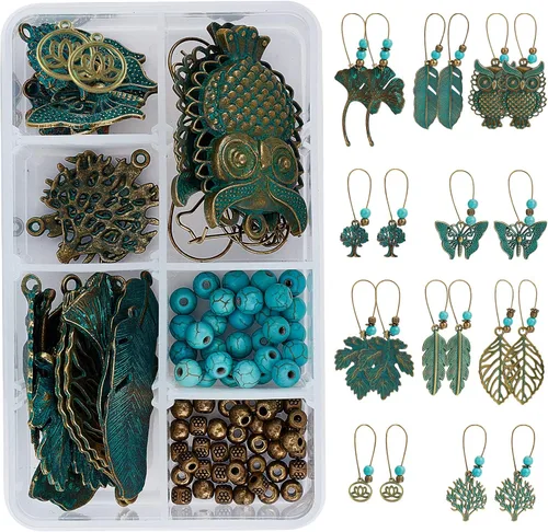 Vista 8 de SUNNYCLUE 1 caja de 9 pares de aretes colgantes de metal huecos bohemios vintage para hacer joyas, kit de iniciación de aleación verde, hoja