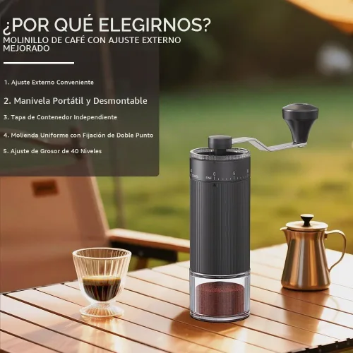 Vista 7 de Molinillo de café de mano, rebaba cónica para expreso, prensa francesa, vertido, doble rodamiento, capacidad de ajuste externo, 0.88 oz