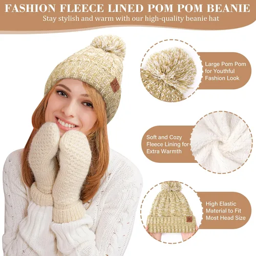 Vista 2 de Conjunto de bufanda larga de punto acanalado con forro polar y gorro para pantalla táctil, regalos para mujer