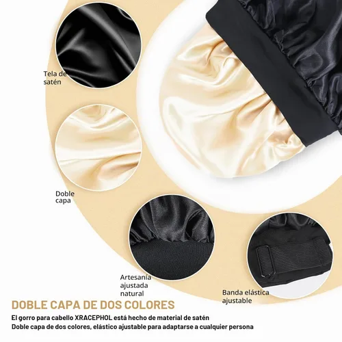 Vista 3 de Gorro de seda para dormir, gorro de satén de doble capa, ajustable, para mujeres negras, gorro de dormir reversible para sombreros de cabello rizado