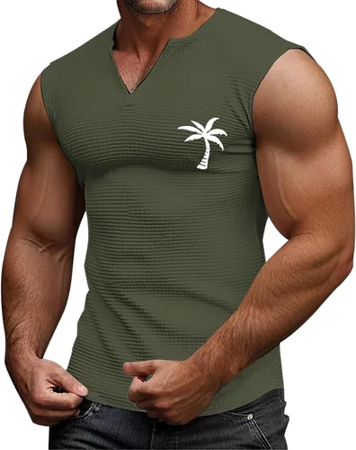 Vista 12 de Camiseta sin mangas con estampado gráfico de verano para hombre, cuello en V, talla grande, casual, recortada, para gimnasio, atlética, muscular