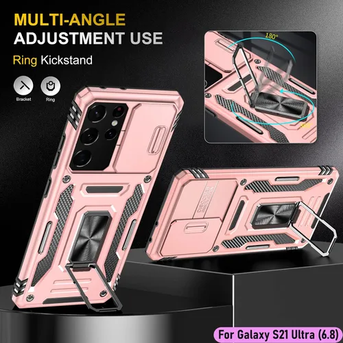 Vista 5 de Funda resistente para Samsung Galaxy S21 Ultra, protección híbrida de goma de doble capa de grado militar con protector de cámara deslizante