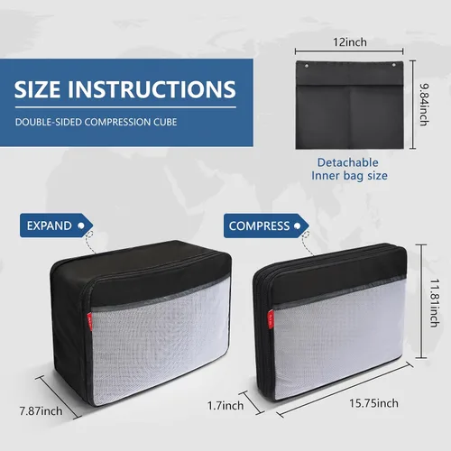 Vista 5 de U+U Large Compression Packing Cubes for Travel, Double-Sided Compression Suitcase Organizer Bag, Expandable Travel Accessories for Separate Clean