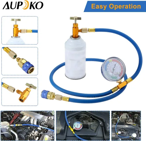 Vista 6 de Kit de manguera de recarga Aupoko R134A con manómetro, manguera de recarga de refrigerante AC de 59' con conector hembra de 1/2" tipo punción