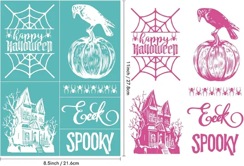 Vista 2 de Plantilla de serigrafía con patrones de sentimientos temáticos de Halloween, reutilizable, autoadhesiva, para decoración/impresión