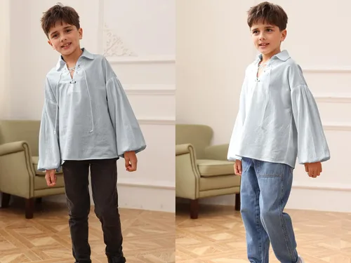 Vista 3 de Camisa medieval pirata para niños y niños con cordones mercenario Halloween escocés jacobita ghillie tops