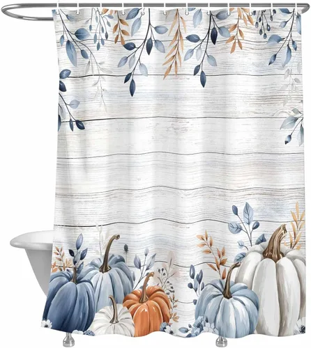 Vista 10 de Cortina de ducha de calabaza azul para baño, calabazas blancas, hojas verdes, cortinas de baño con ganchos, tela de poliéster impermeable, cortinas