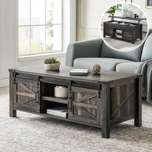 Vista 10 de OKD - Mesa de centro de granja de 48" con puerta de granero deslizante, mesa rústica con compartimento de almacenamiento oculto, superficie superior