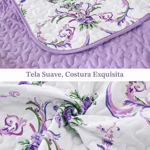 Vista 6 de Anibedding Juego de edredón Queen morado, 3 piezas con patrón floral