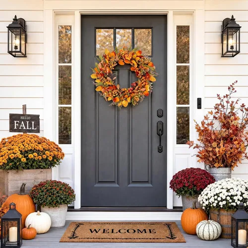 Vista 4 de Pinkpum Corona de otoño de 22 pulgadas para puerta delantera, calabaza Beige
