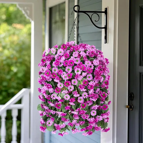 Vista 4 de INXUGAO Cestas colgantes de flores artificiales para decoración interior al aire libre, margaritas artificiales, arbustos, plantas con cestas