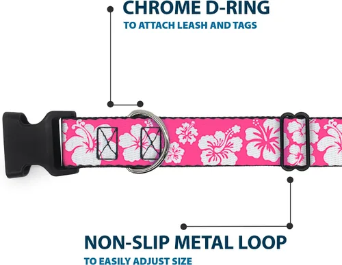 Vista 5 de Buckle-Down Collar de clip de plástico, hibisco rosa neón, blanco, 1 pulgada de ancho, se adapta a cuello de 9 a 15 pulgadas, pequeño Hibiscus