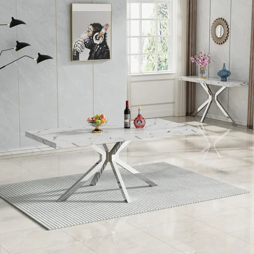 Vista 5 de HomVent Juego de mesa de comedor rectangular para 4, juego de mesa de cocina rectangular, juego de mesa de comedor de mármol sintético, juego