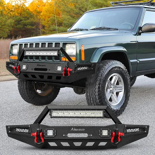 Vista 5 de Parachoques delantero para Cherokee XJ, AAIWA parachoques de acero con barra de luz LED y soporte de placa de cabrestante compatible con Cherokee XJ