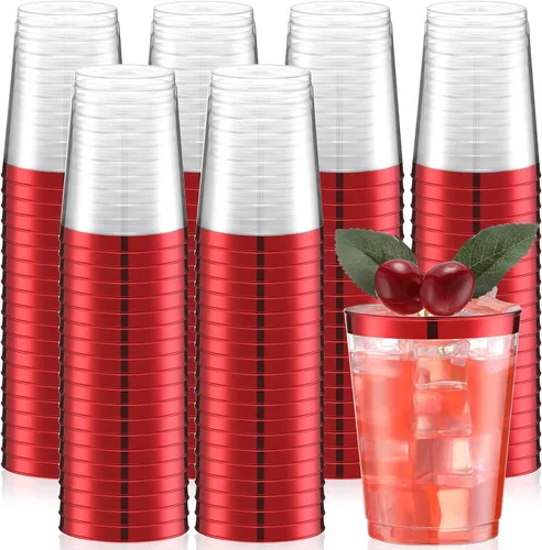 Vista 8 de Gerrii 100 Piezas Vasos de Plástico de 10oz Desechables con Borde Elegante y Sofisticado, Vasos Transparentes Elegantes para Beber para Boda