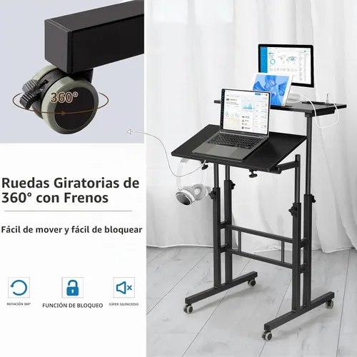 Vista 6 de Hadulcet Escritorio móvil de pie con estación de carga, escritorio ajustable para computadora de pie, carrito ajustable para laptop con ruedas