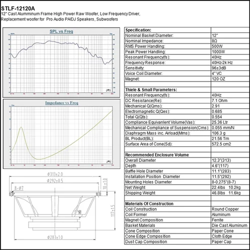 Vista 6 de Sound Town Woofer de marco de aluminio fundido de 12 pulgadas y 500 W (controlador de baja frecuencia), woofer de repuesto para altavoces PA/DJ