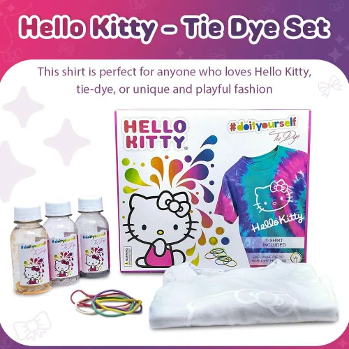 Vista 2 de Hello Kitty - Juego de teñido anudado - El juego incluye con una camiseta, 3 pinturas de colores, forro, guantes y bandas elásticas, paquete de 1
