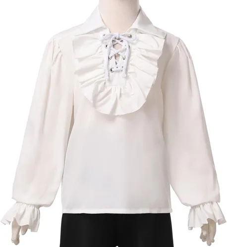 Vista 3 de GRACEART Camisa de pirata medieval para niños, camisa renacentista con volantes, jacobita escocés, Ghillie, color blanco, 2T a 16 años