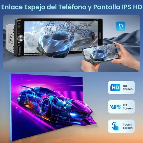 Vista 3 de Estéreo de coche de un solo DIN con CarPlay inalámbrico Android Auto Mirror Link, radio de coche Bluetooth Manos libres Headunit 6.9 pulgadas 1 DIN