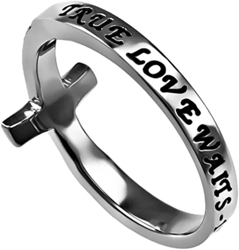 Vista 2 de Anillo True Love Waits de pureza cruzada lateral, ceremonia de castidad cristiana, acero inoxidable, Circonita, acero inoxidable, Zirconia cúbica