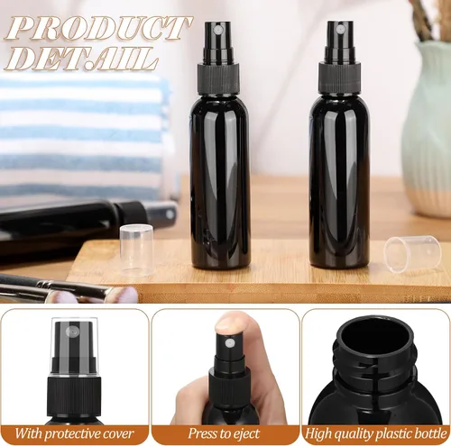 Vista 3 de Tanlade 100 botellas pequeñas de spray de 2 onzas rellenables, mini Spritzer, botella de plástico vacía transparente, recargable, reutilizable, Negro