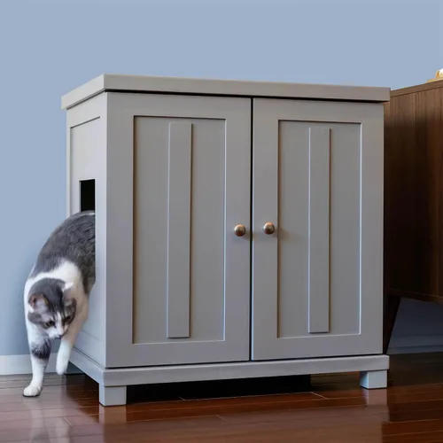 Vista 17 de THE REFINED FELINE Armario de caja de arena para gatos, agitador, gris humo, niveladores ajustables, grande, muebles ocultos para gatos con cajón
