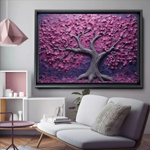 Vista 3 de Purple Flower Tree Wall Painting, Nature Tree Portrait - Canvas Wall Hanging for Purple Tree Wall Decor and Decorative Canvas Art