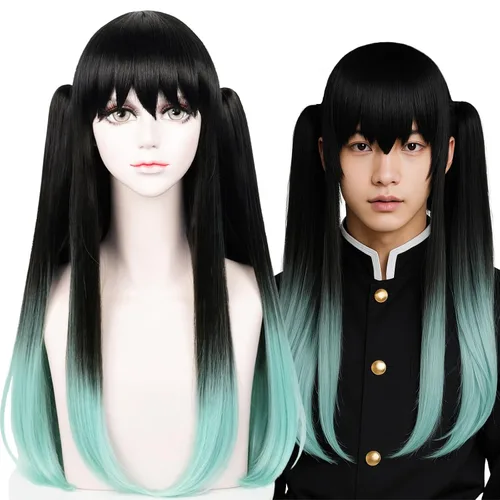 Vista 15 de SL Nezuko - Peluca de cosplay + cinta rosa para DS, peluca larga negra y naranja, pelucas de pelo de anime con gorra para fiesta de disfraces