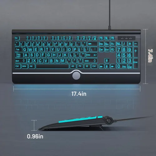 Vista 2 de Teclado de computadora retroiluminado de letras grandes, teclado retroiluminado de 7 colores con reposamuñecas, USB Plug-and-Play, teclas de letras