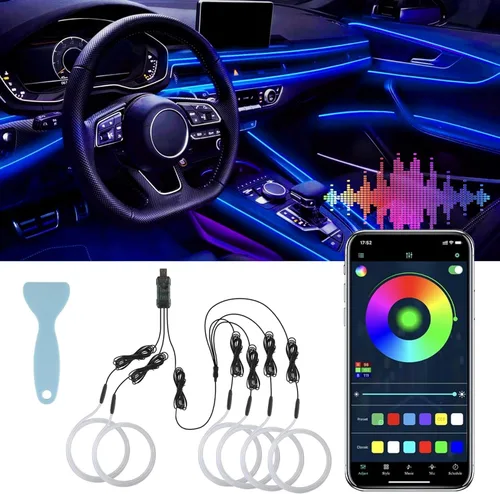 Vista 10 de LivTee - Luces LED inteligentes para interior de automóvil con puerto USB, tira de luces LED de fibra óptica, control inalámbrico por aplicación