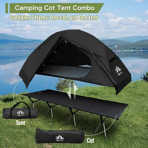 Vista 2 de Night Cat Tienda de campaña para cuna – Impermeable 1 persona fuera del suelo Combo cama para adultos portátil fácil instalación tienda negro 31.5