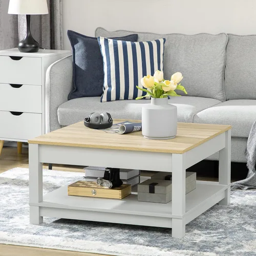 Vista 2 de HOMCOM Mesa auxiliar, mesa central de 2 niveles con estante de almacenamiento y parte superior texturizada de madera, mesa cuadrada para sala