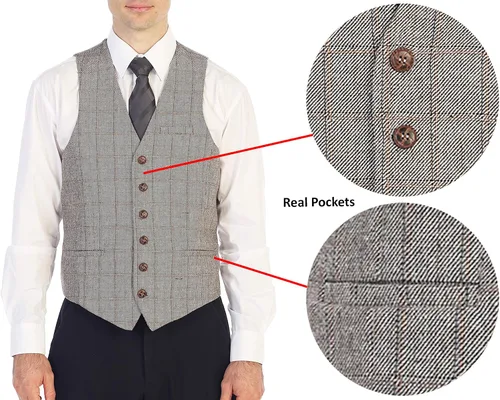 Vista 64 de Gioberti Chaleco de tweed formal de 6 botones para hombres