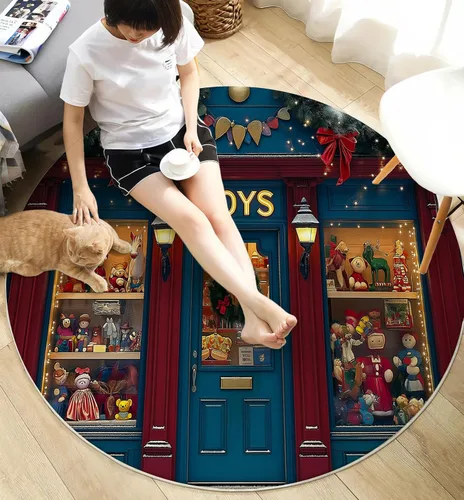 Vista 5 de Christmas Round Rug 6Ft Christmas Toy Window Display Washable Round Area Rug for Living Room Retro Theme Non Slip Soft Faux Wool Carpet Navy Blue