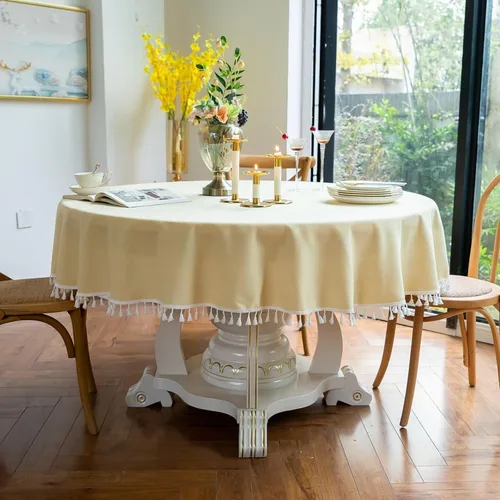 Vista 10 de Mantel de fiesta, redondo de 47 pulgadas, color beige, poliéster, decoración de mesa de color sólido