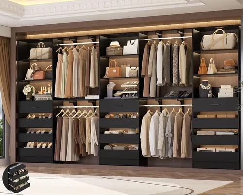 Vista 16 de Aheaplus Sistema de Armario con 8 Cajones de Madera, Sistema Organizador de Armario de Madera con Torre, Organizador de Vestidor Perchero de Armario