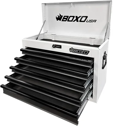 Vista 4 de Boxo USA - Caja de herramientas de transporte manual con 5 cajones de 26 pulgadas, caja de herramientas de acero resistente con sistema de bloqueo