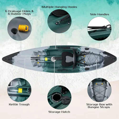Vista 3 de Goplus Kayaks de pesca para adultos, 9.7 pies, kayak de turismo recreativo para una persona con paleta de aluminio, 4 soportes para caña de pescar