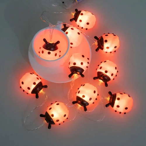 Vista 4 de Uonlytech Guirnalda de luces de hadas de mariquitas impermeables con 20 luces LED para interiores y exteriores, jardín, dormitorio, fiesta