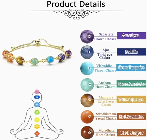Vista 5 de Jovivi 7 Chakra Stones Bracelets for Women Girls Adjustable 14K Gold Wire Wrapped 8mm Natural Round Gemstone Beads Reiki Healing Crystal Ankle