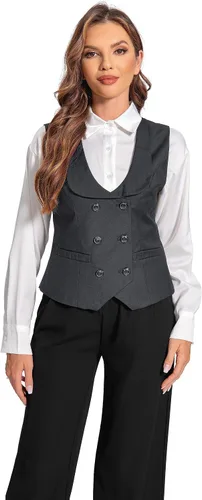 Vista 4 de Foucome Chaleco de doble botonadura para mujer, chaleco elegante con cuello de solapa