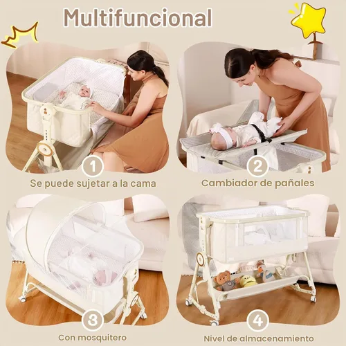 Vista 2 de Moisés para Bebé 5 en 1, Moisés de Bebé junto a la Cama con Mesa de Pañales, Mosquitera, Colchón, Capa de Almacenamiento, Se Puede Guardar en Cuna