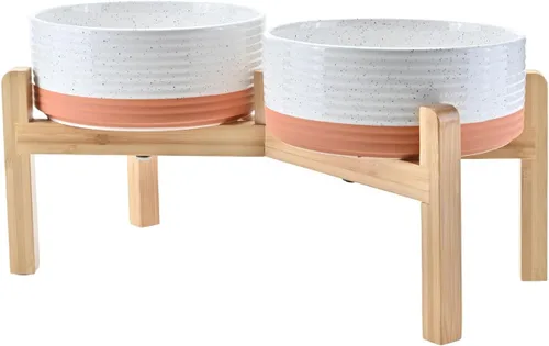 Vista 31 de SPUNKYJUNKY Cuencos elevados de cerámica para perros, 5.1 pulgadas, para comida de perros y gatos, cuencos elevados con soporte de bambú Verde oscuro