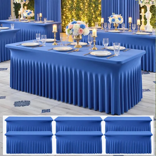 Vista 49 de Paquete de 2 manteles de elastano azul bebé de 6 pies con falda de mesa con volantes, manteles ajustables elásticos sin arrugas para mesas
