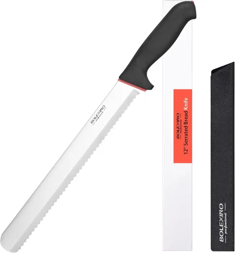Vista 11 de Cuchillo dentado de 10 pulgadas para pan casero, cuchillo de acero inoxidable con borde ondulado ancho, cuchillo de cocina multiusos, cortador