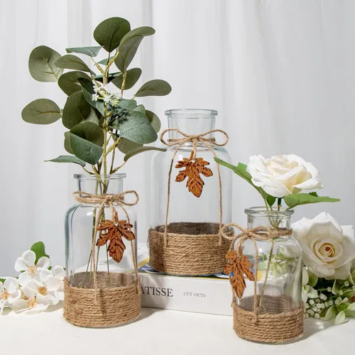 Vista 5 de Juego de 3 jarrones de vidrio transparente, jarrones de flores vintage, botellas de vidrio decorativas para centros de mesa, decoración de mesa