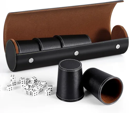 Vista 12 de Juego de tazas de cuero para dados, 5 tazas de dados negros + 25 dados + funda exclusiva de almacenamiento y transporte hecha de piel sintética